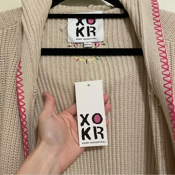 NWT Kerri Rosenthal Long Open Front Cream Cardigan Smiley Face XL - Picture 12 of 15